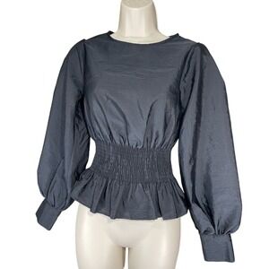 Top shop Peplum Blouse W/ 2 Black Smocked Puff Sleeve 13O59TBLK LN/NWOT